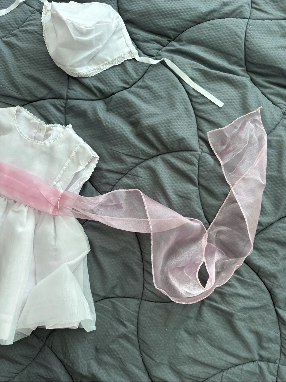 White & Pink Baby girl Dress with Pink Sash and Headpiece - handmade - NEW